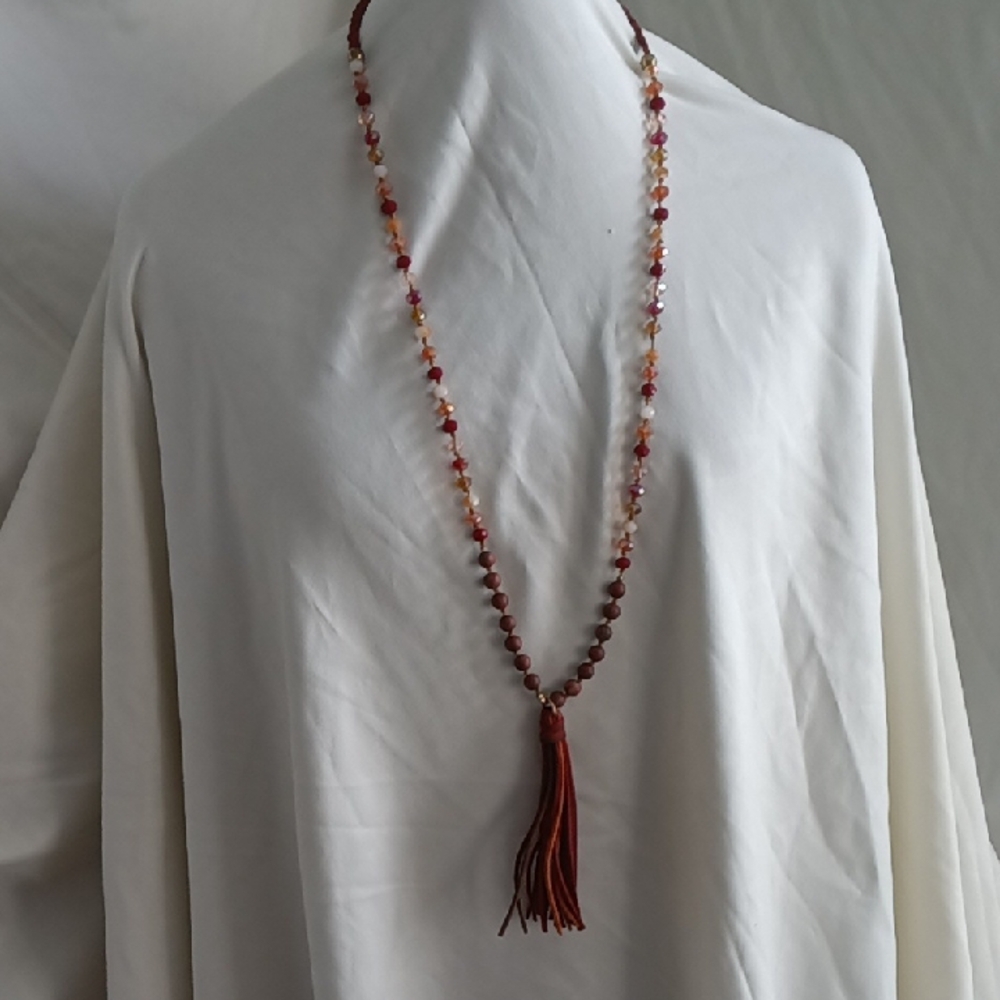 Elegant Red Beaded Necklace with Tassel